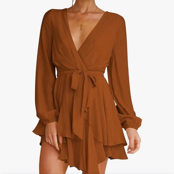 Women's Dress Deep V-Neck Long Sleeve Waist Tie Ruffle Mini Swing Skater Dress - Picture 1 of 6